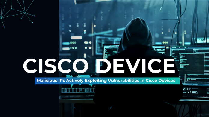 Image of a hacker targeting Cisco devices with malicious IP addresses, exploiting vulnerabilities for unauthorized access