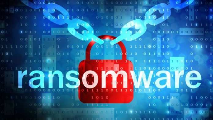 Illustration of ransomware attacking a computer system with encrypted files and a ransom note.