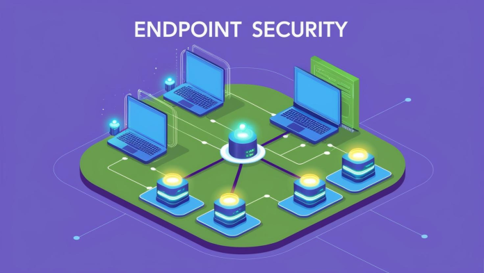 A visual representation of endpoint security protecting various devices like computers, mobile phones, and tablets from cyber threats.