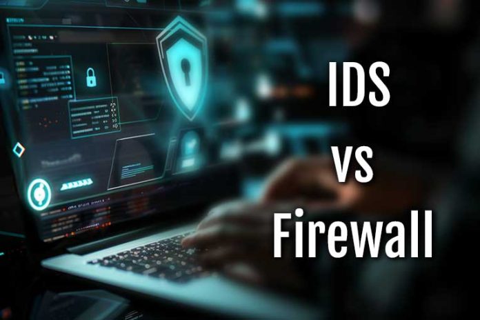 Illustration comparing the roles of a firewall and an intrusion detection system in network security.