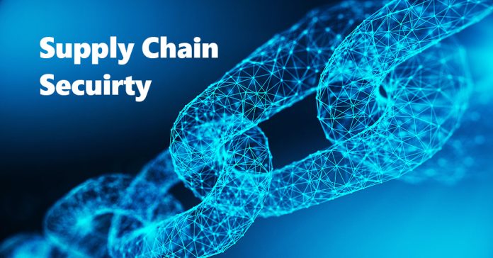 Illustration of secure supply chain management with digital security, data encryption, and logistics networks.